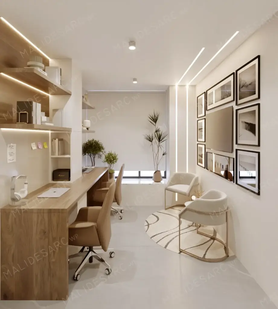 Stratum cabin with wood desk, tan chairs, lounge seating, round rug and framed gallery wall