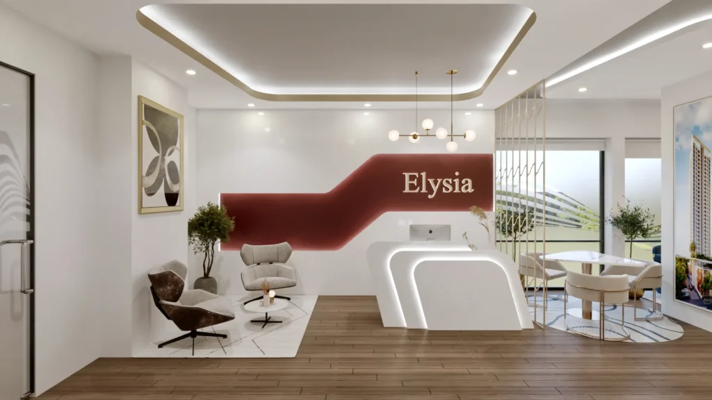 Elysia sales office reception with maroon feature wall and white curved desk, 3D render